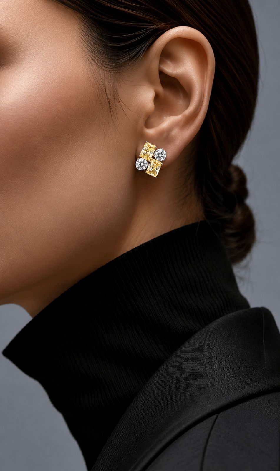 Ultra Premium Ice Cut American Diamond Pure 925 Silver Fancy Yellow Radiant & Round Cut Four Stone Cluster Stud Earrings for Women