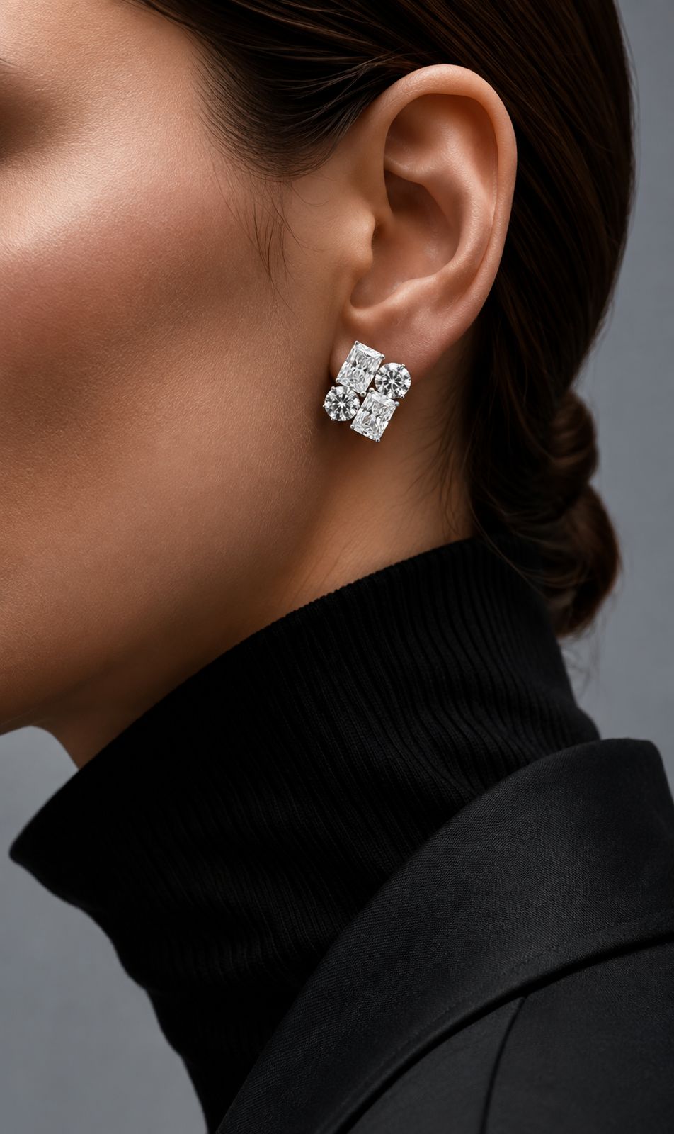 Ultra Premium Ice Cut American Diamond Pure 925 Silver Radiant & Round Cut Four Stone Cluster Stud Earrings for Women