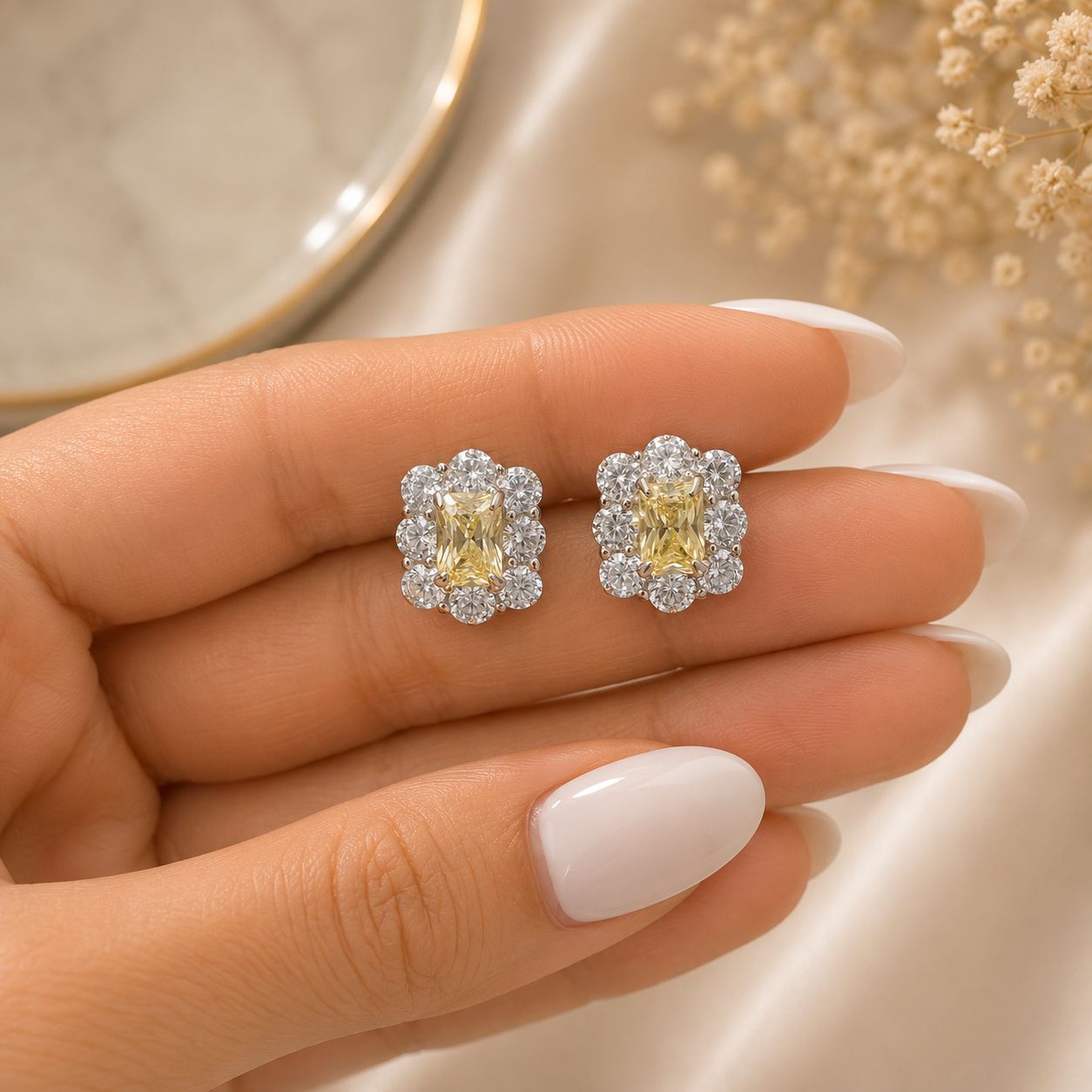 Ultra Premium Ice Cut American Diamond Pure 925 Silver Fancy Yellow Radiant Cut Round Halo Statement Stud Earrings for Women