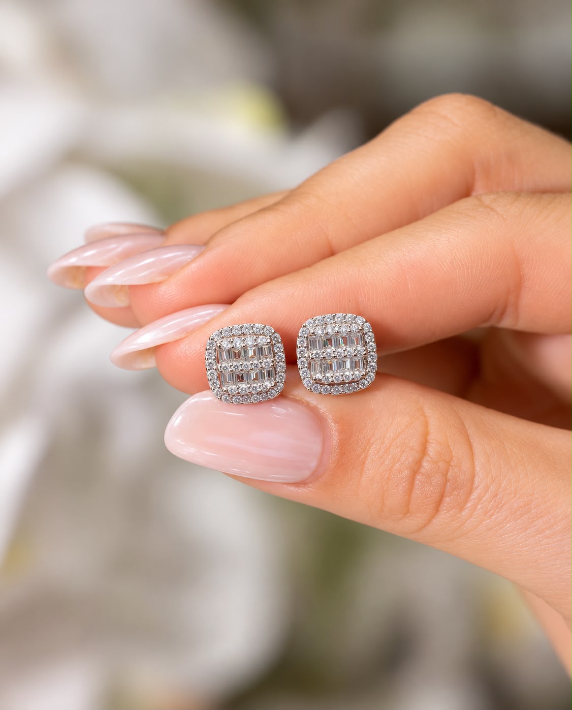 Pure 925 Silver Octa Setting Baguette Stud Earrings
