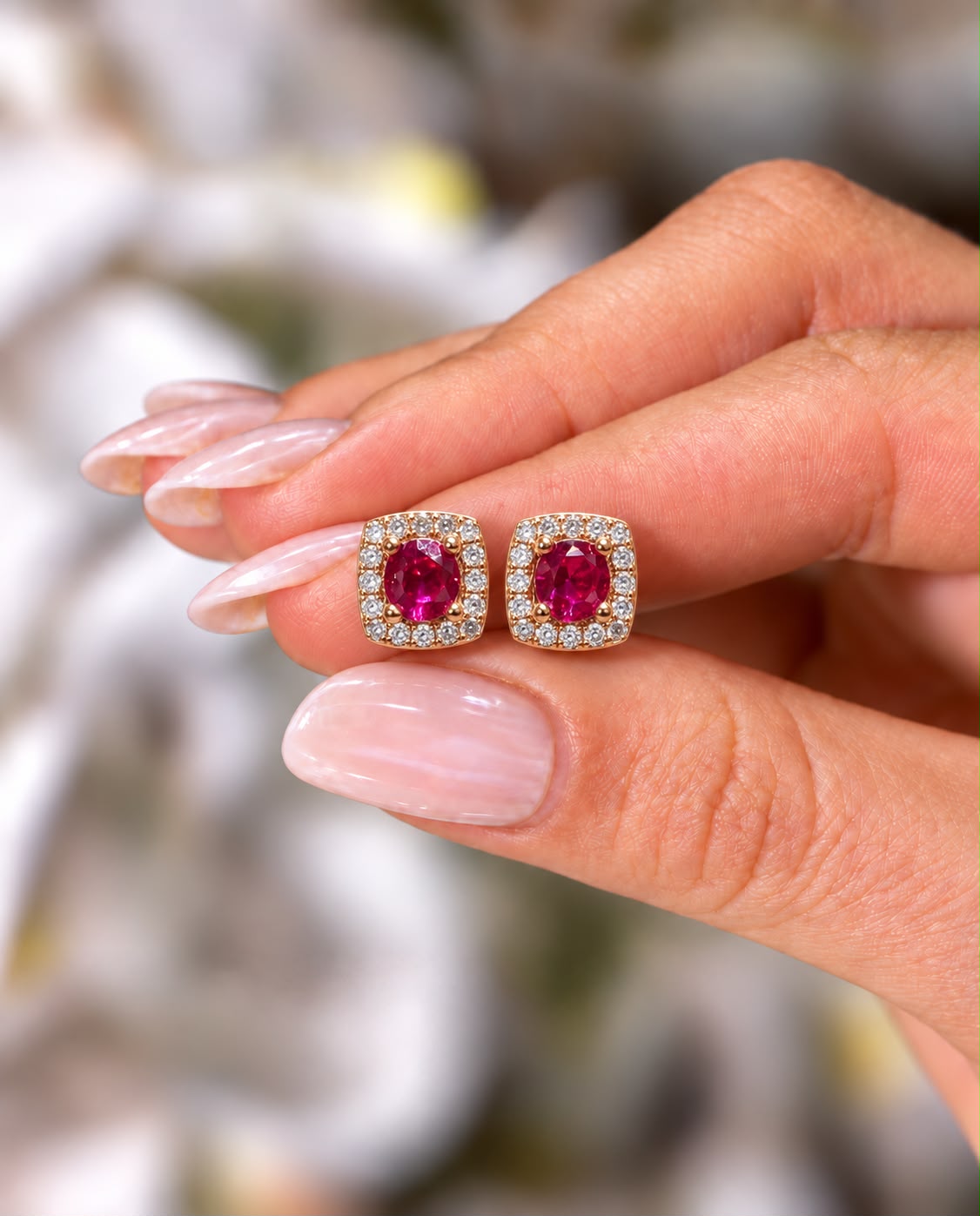 Rose Gold American Diamond Studded Ruby Solitaire Milani Stud on Pure 925 Silver.
