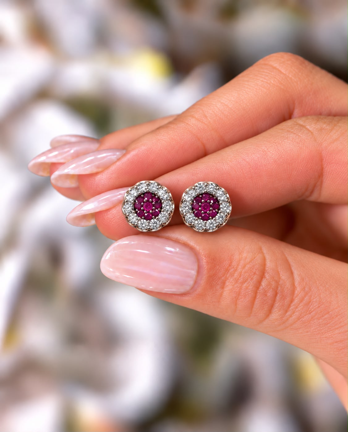 Petite Round Ruby Studs on Pure 925 Silver