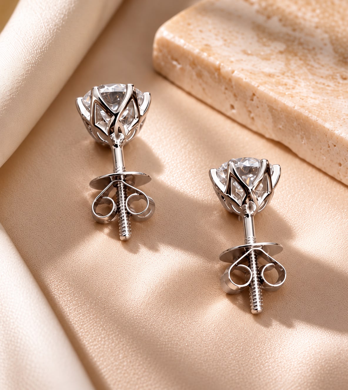 The Ultimate Solitaire Studs - Ultra Premium 1.3 Carat Each 6 Prong Solitaire Stud with Premium Lotus Basket Setting on Pure 925 Silver ( White Gold Finish )