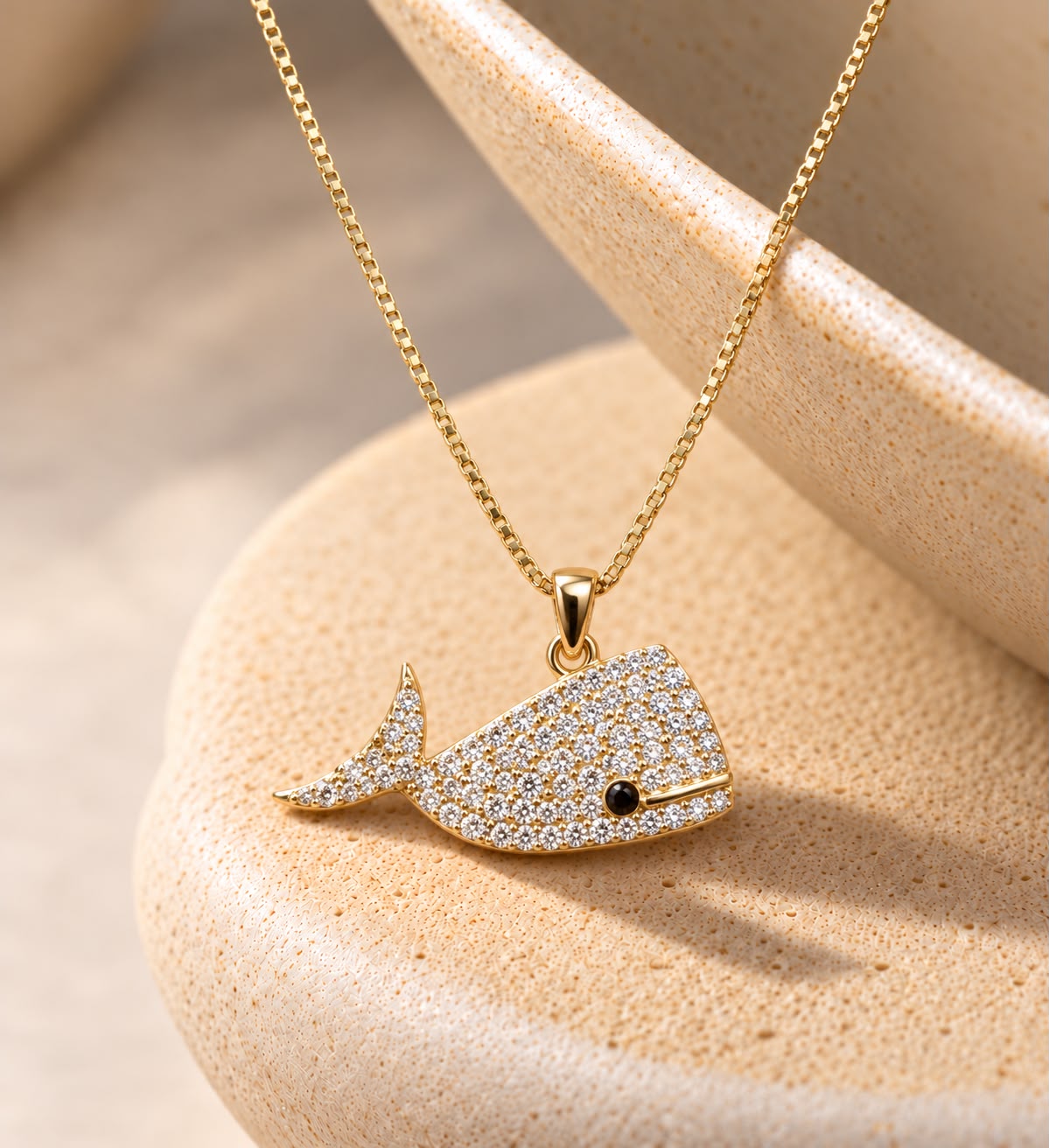 18k Gold Finish Diamond Studded Dolphin Pendant with Chain on Pure 925 Silver.