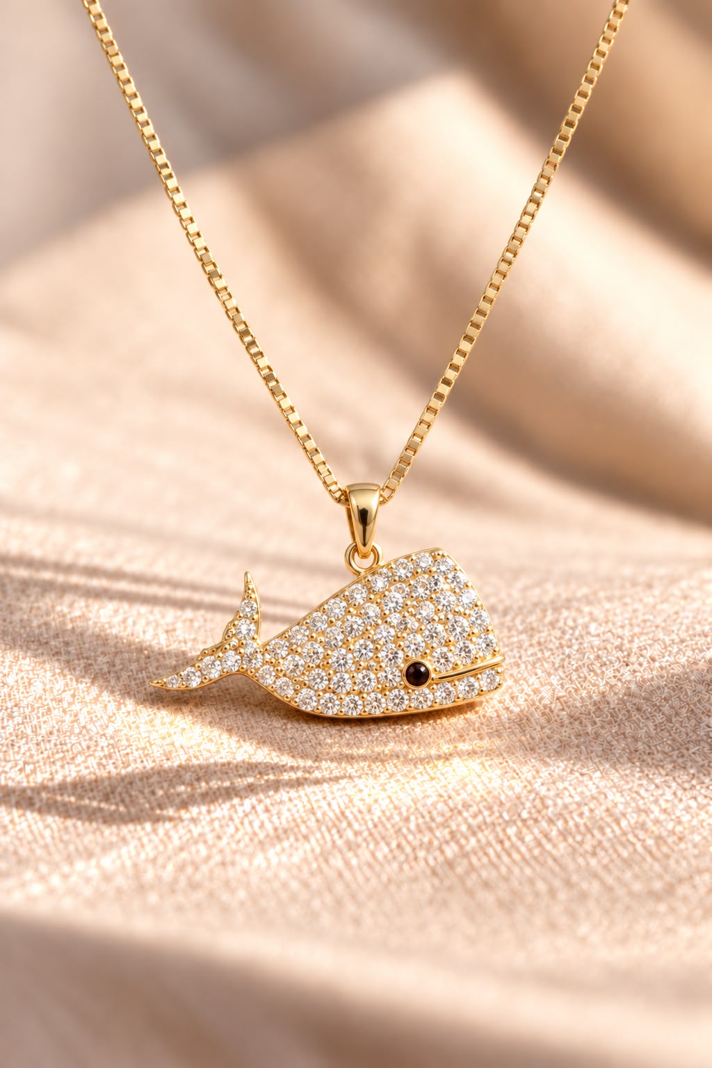18k Gold Finish Diamond Studded Dolphin Pendant with Chain on Pure 925 Silver.