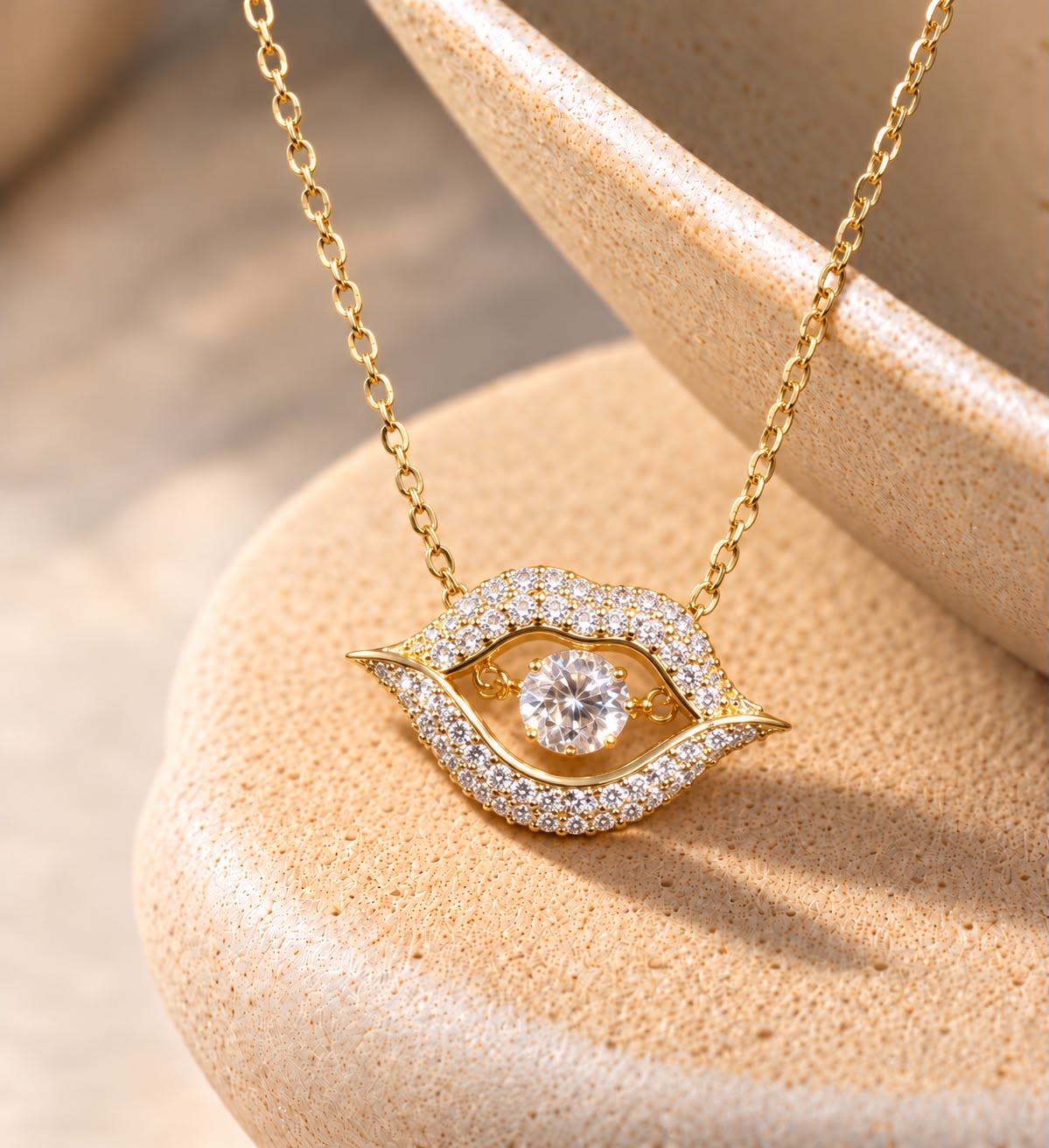 Exclusive Solitaire Danny Gold Finish Lip Pendant with Chain on Pure 925 Silver