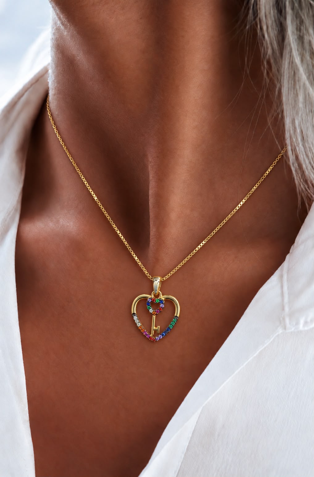 Heart and Key Multi Diamond Gold Finish Pendant on Pure 925 Silver