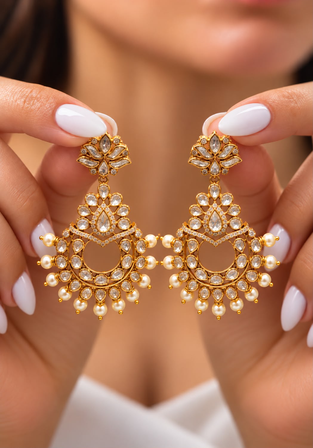 Premium Pure Silver Polki Diamond Chaand Bali Indian Festive Earrings