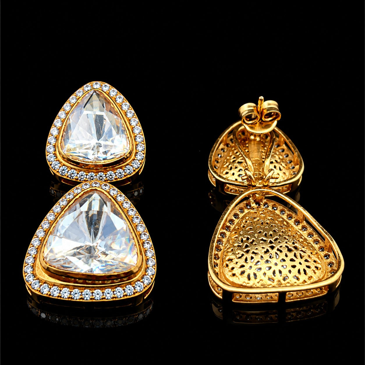 Premium Pure Silver Gold Finish Polki Double Drop Earrings