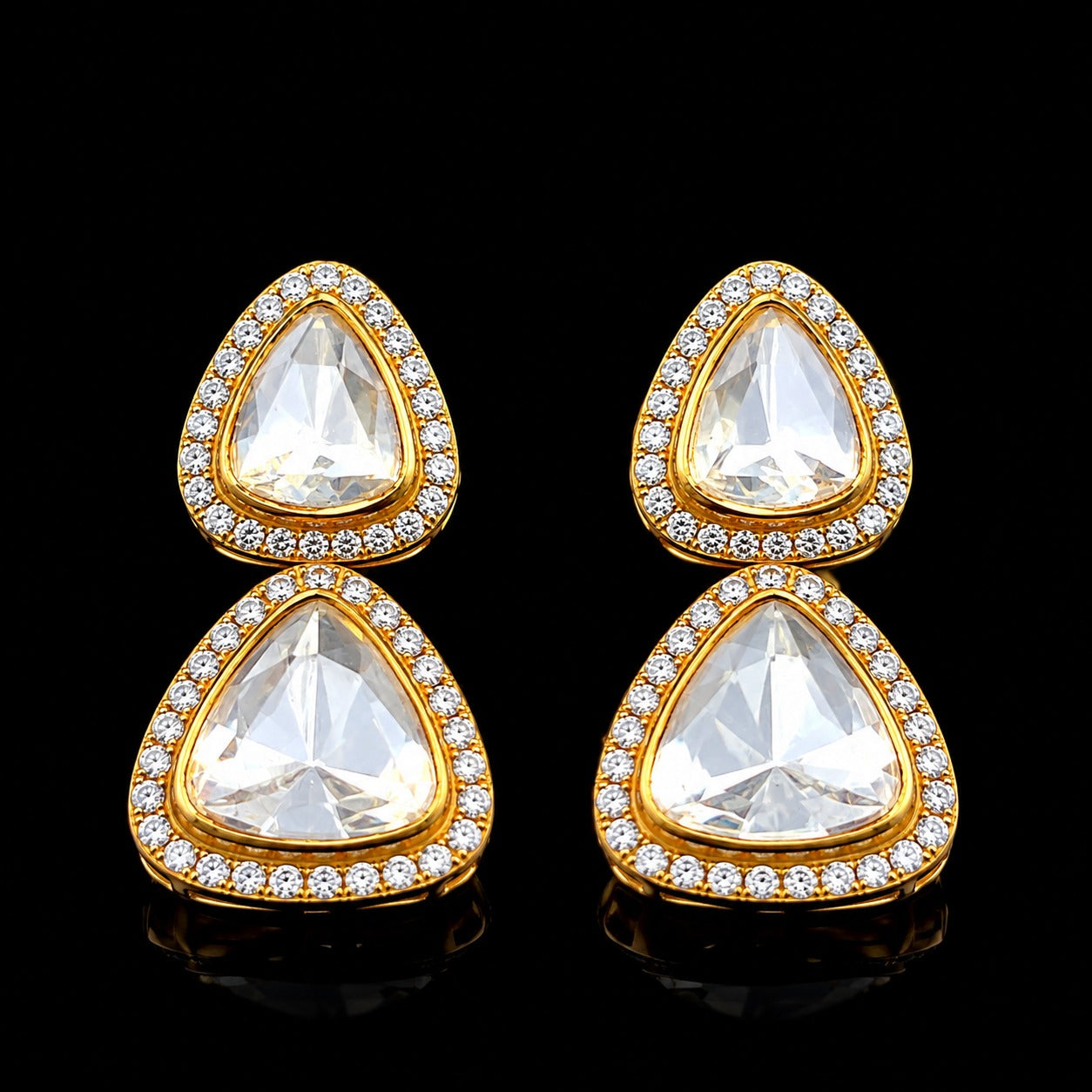 Premium Pure Silver Gold Finish Polki Double Drop Earrings