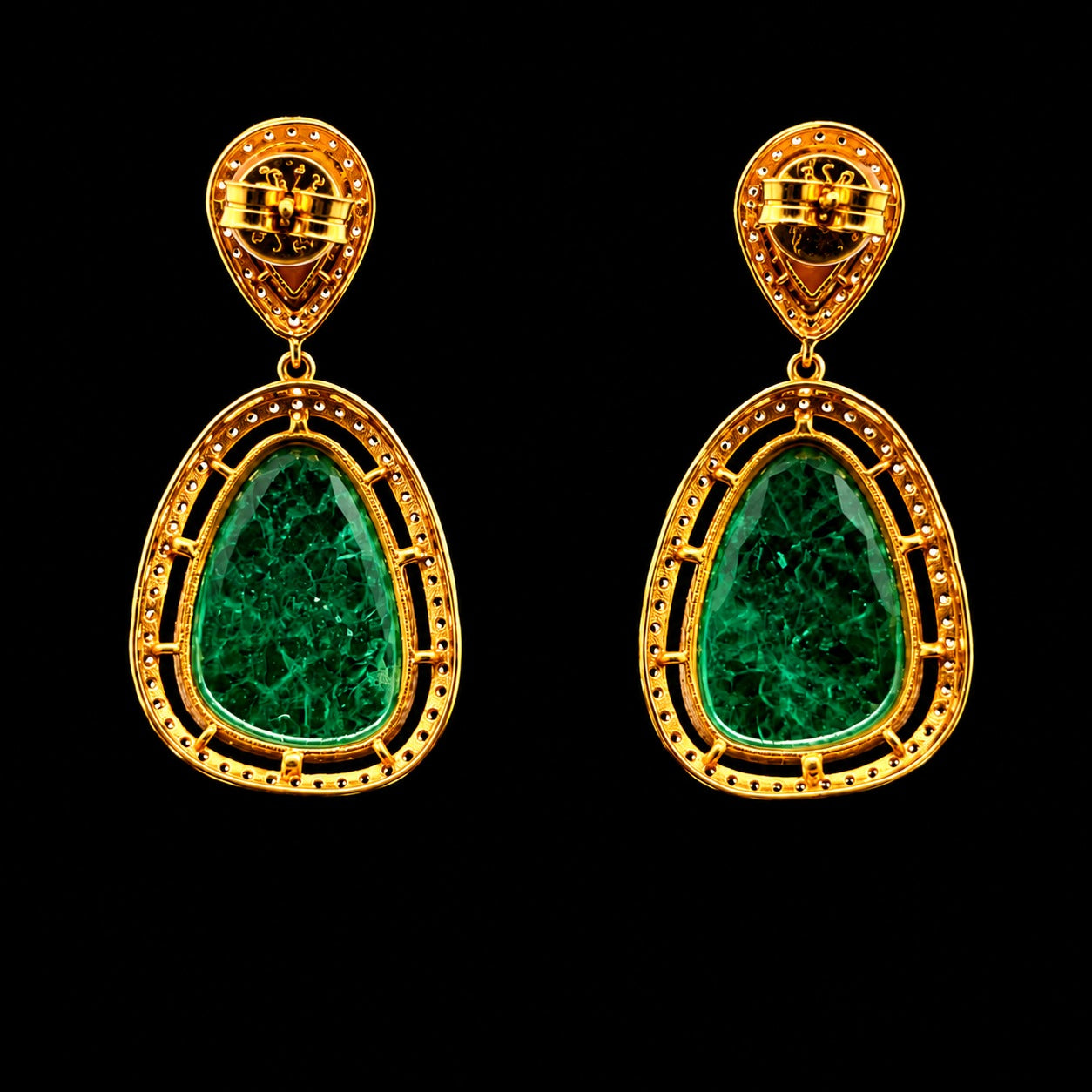 Premium Pure Silver Emerald Carving Gold Finish Polki Indian Earrings