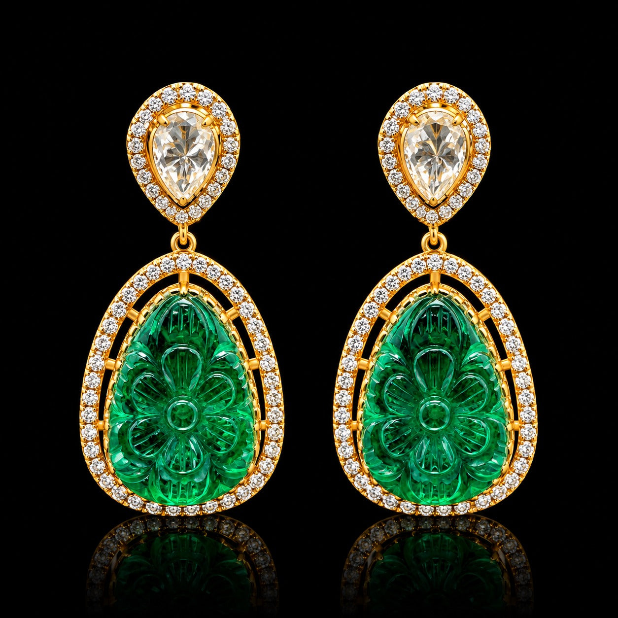 Premium Pure Silver Emerald Carving Gold Finish Polki Indian Earrings