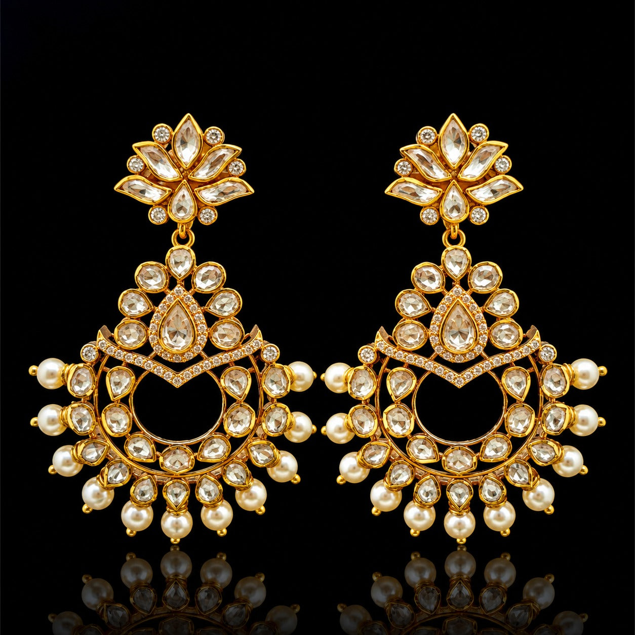 Premium Pure Silver Polki Diamond Chaand Bali Indian Festive Earrings