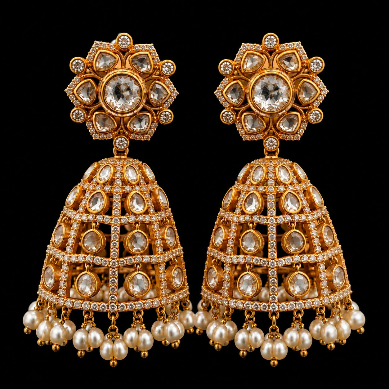 Premium Pure 925 Silver Heavy Jaal Gold Finish Bridal Polki Earrings