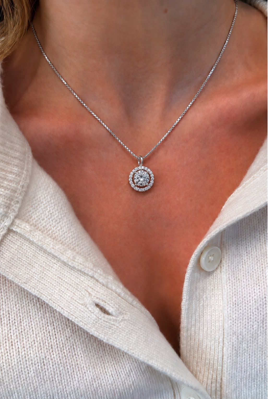 1 Carat Solitaire Halo Pendant with Chain on Pure 925 Silver