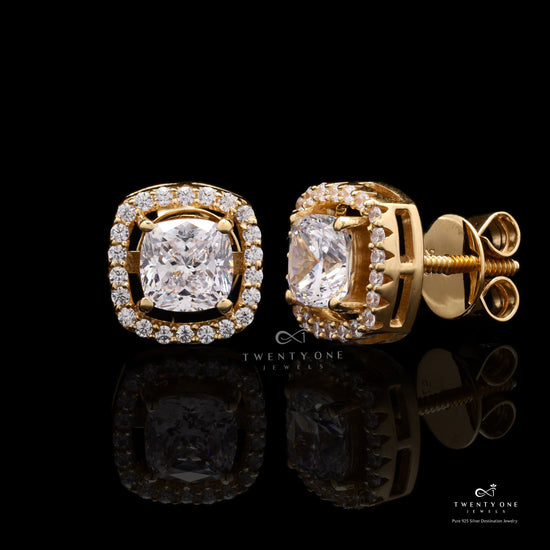 1.3 Carat Cushion Cut Katy Pure 925 Silver Solitaire Studs with Premium Screw Backs - 18k Gold Finish