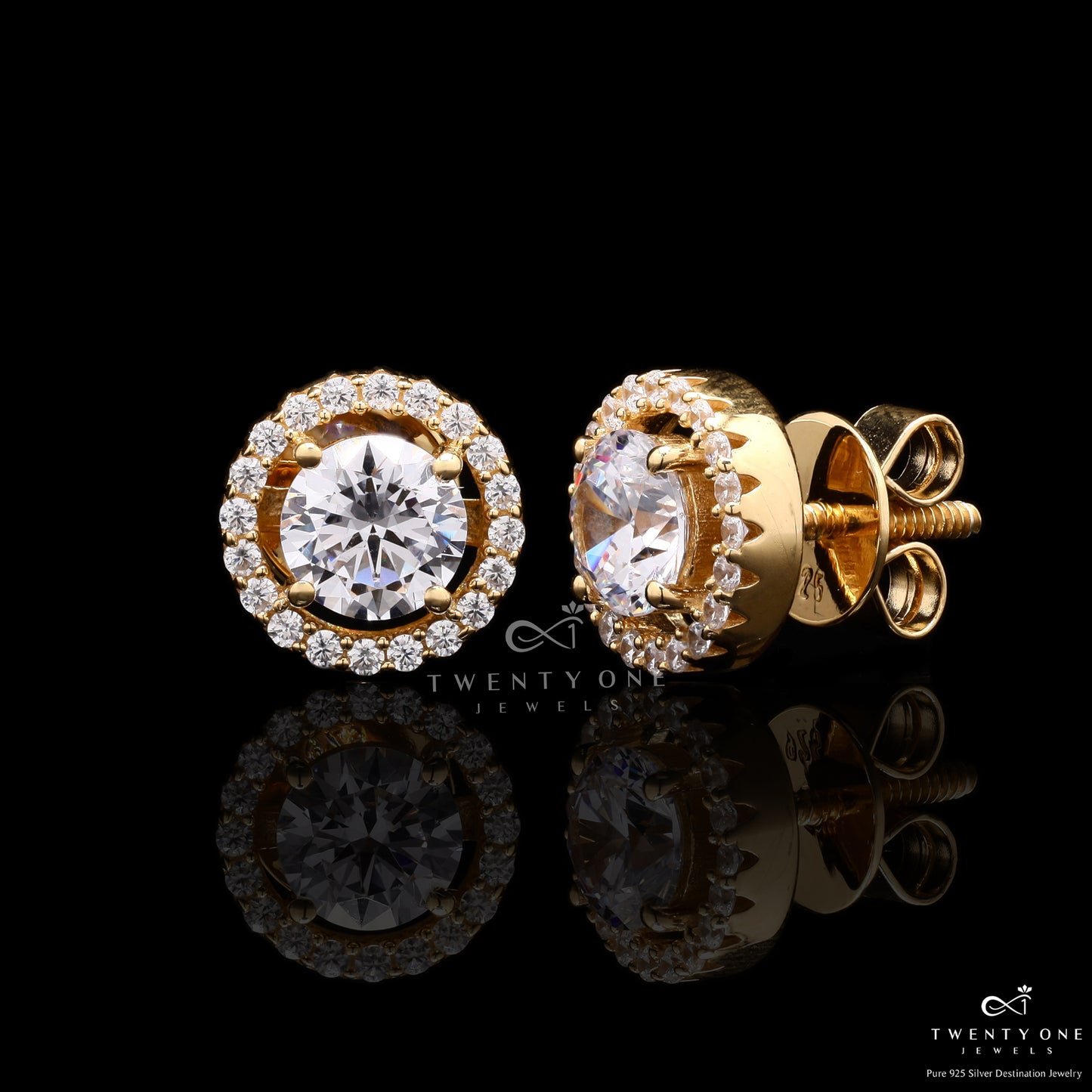 18k Gold Finish Classic Halo Studs On Pure 925 Silver with Premium Screw Backs