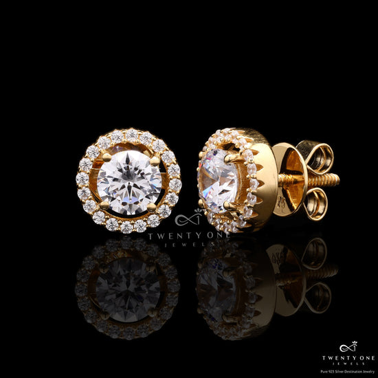 18k Gold Finish Classic Halo Studs On Pure 925 Silver with Premium Screw Backs