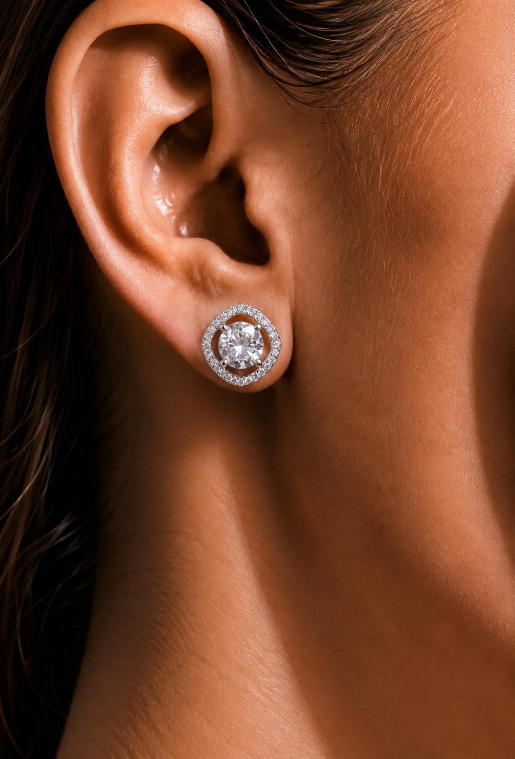 Premium Square Diamond Cluster Halo Studs with 1 Carat Centre Solitaire on Pure 925 Silver
