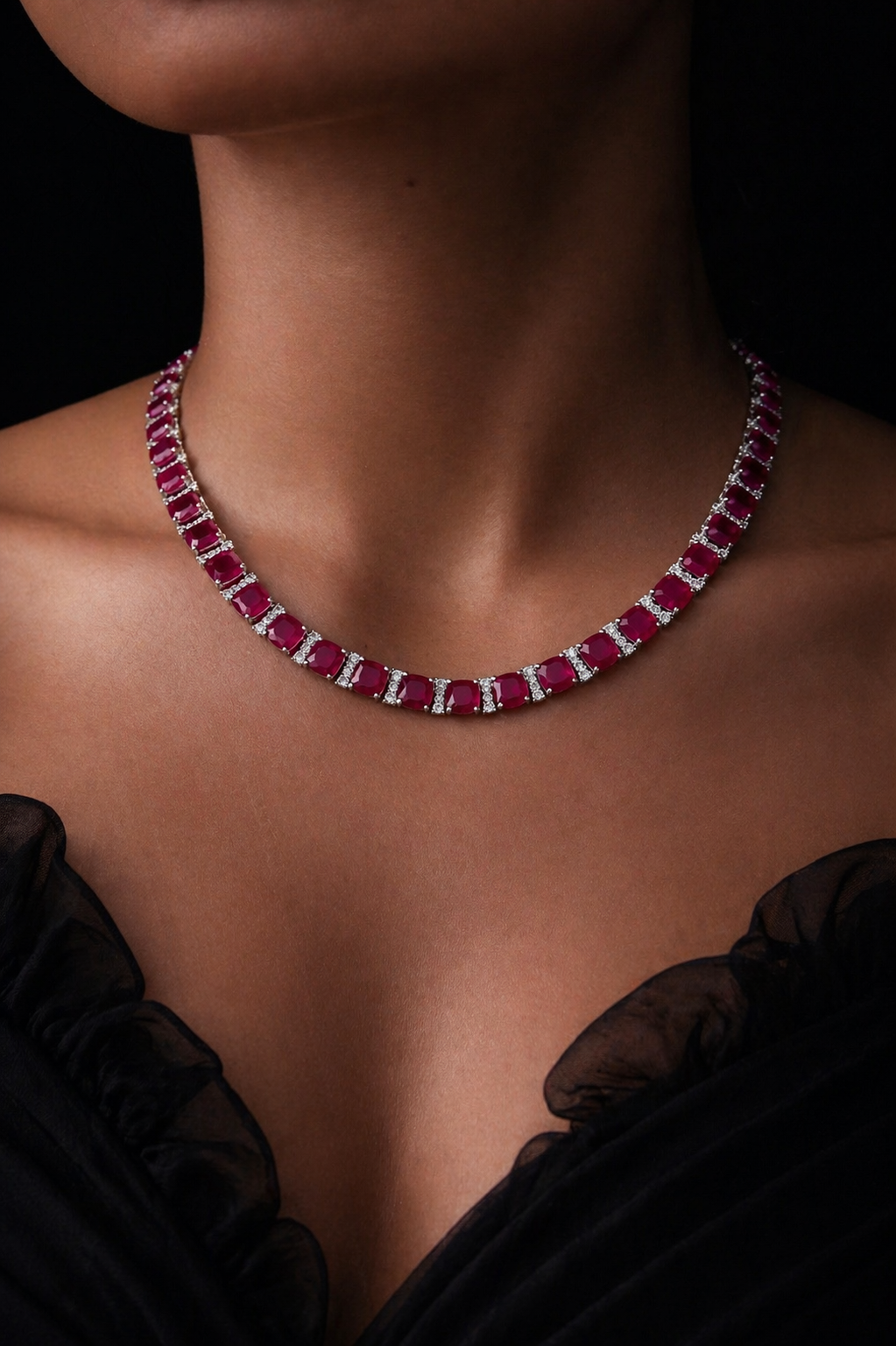 Premium TOJ Everyday Classic Ruby Solitaire String Necklace Set with Diamonds