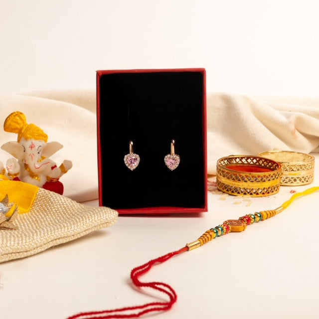 Valentines Exclusive Queenie Pink Heart Solitaire with Diamond Border Rose Gold Huggie Style Earrings on Pure 925 Silver