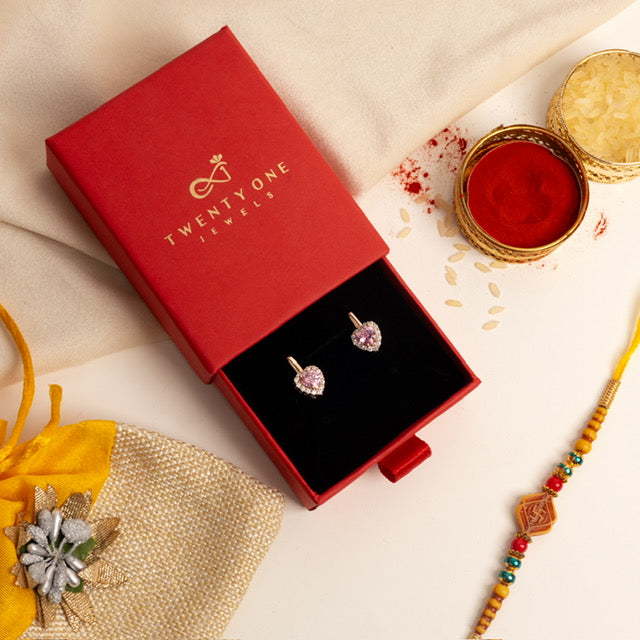 Valentines Exclusive Queenie Pink Heart Solitaire with Diamond Border Rose Gold Huggie Style Earrings on Pure 925 Silver