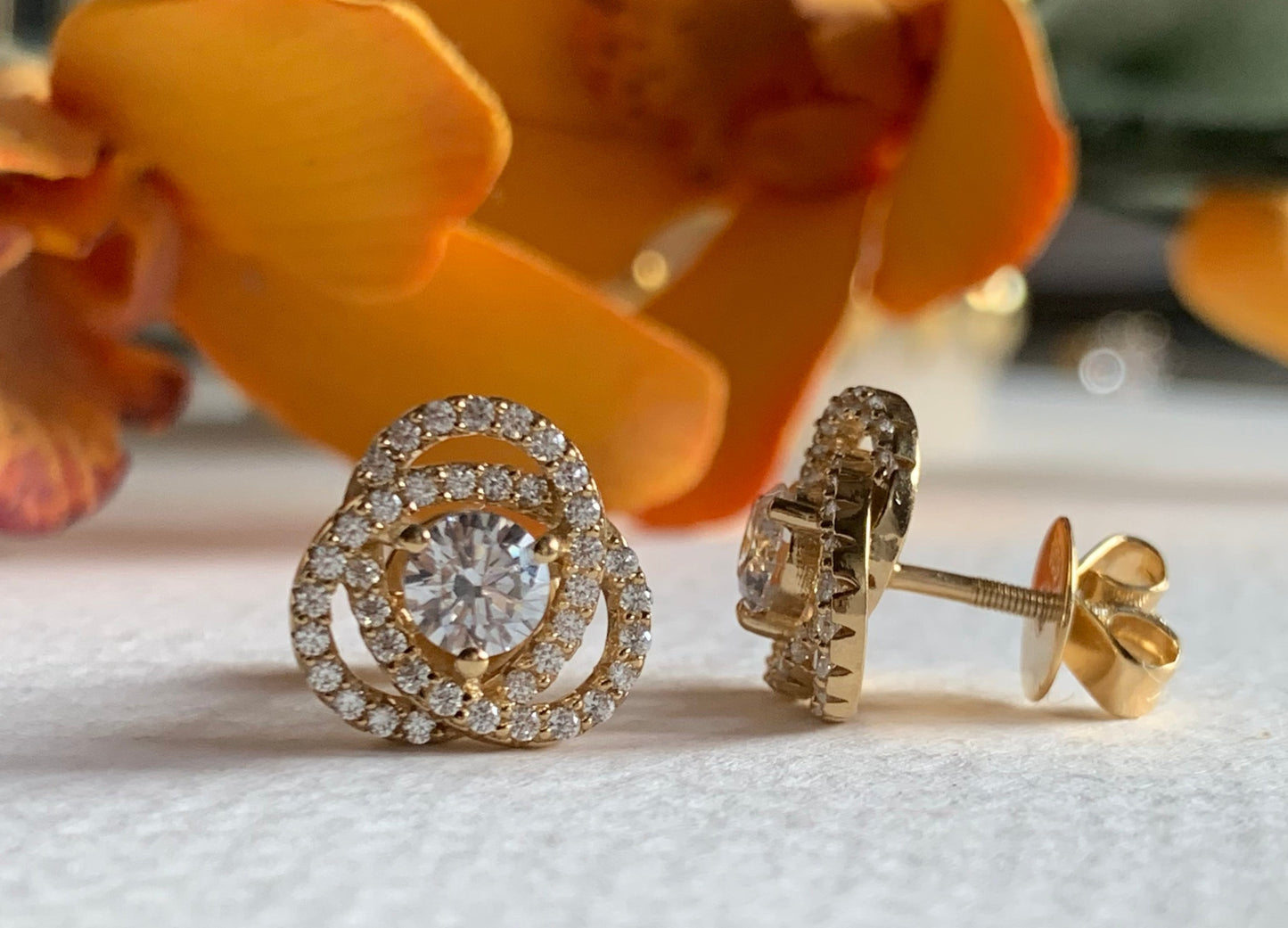 Intertwined Cluster Fauzia Solitaire Studs with Premium Screw Backs-18k Gold Finish