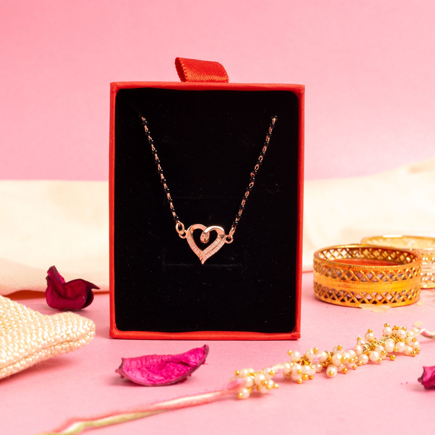 Valentines Exclusive Rose Gold Finish Heart Mangalsutra on Pure 925 Silver