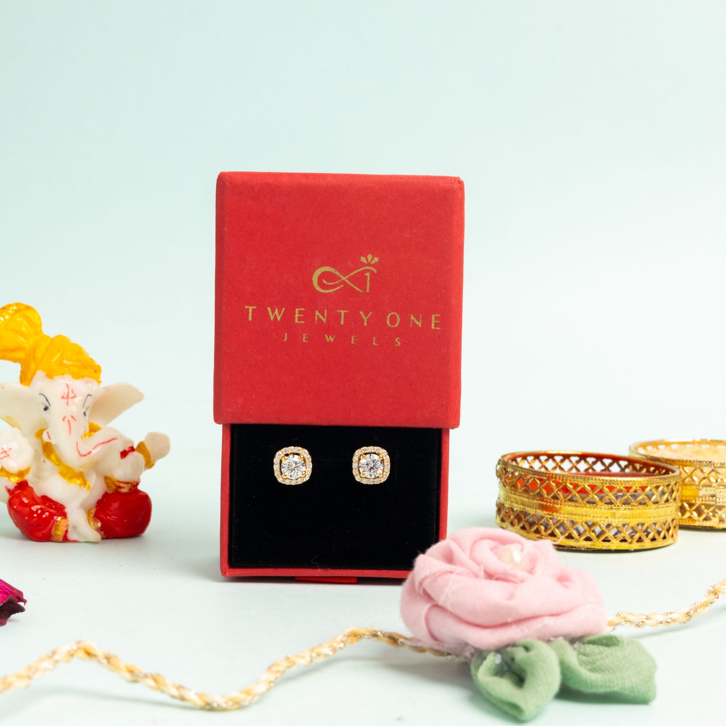 50 Cents Solitaire Deneese Square Border Solitaire Studs with Premium Screw Backs - 18k Gold Finish