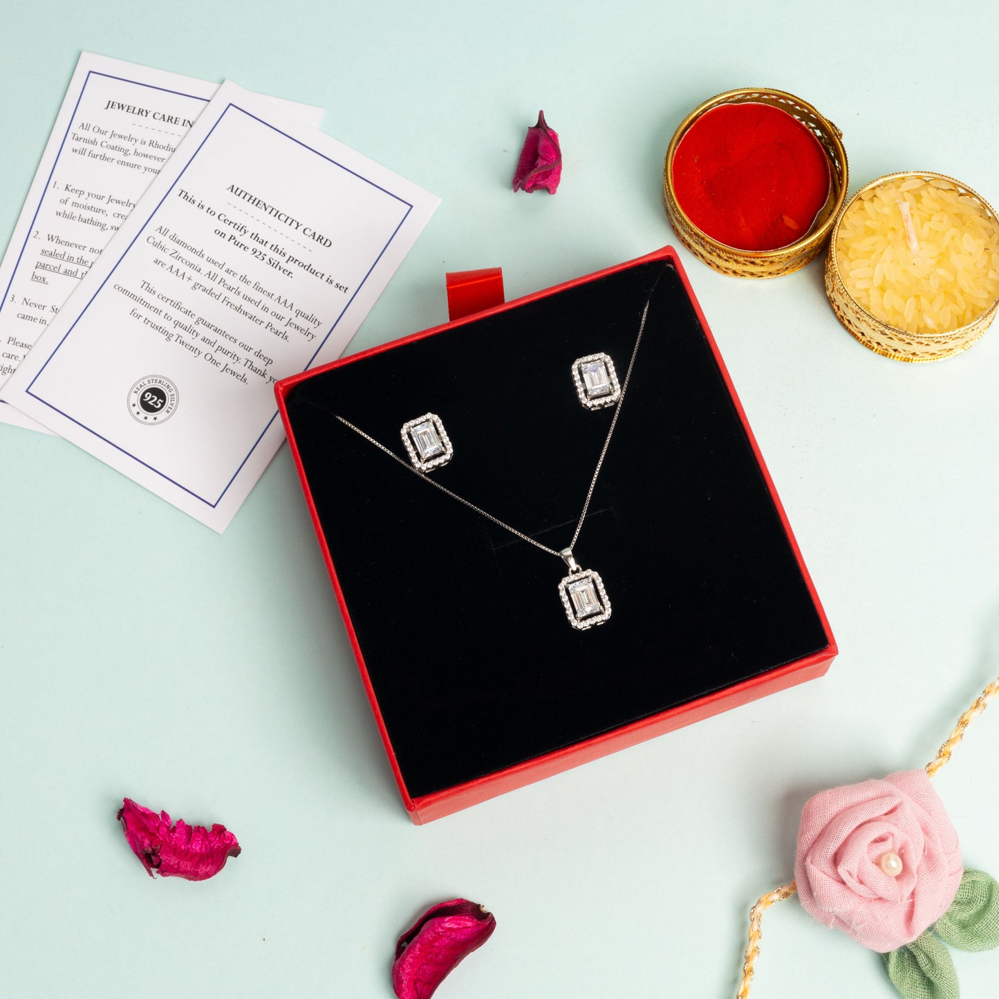 Premium 1.5 Carat Emerald Cut Solitaire Princia Pendant Set On 925 Silver with Premium Screw Back Studs