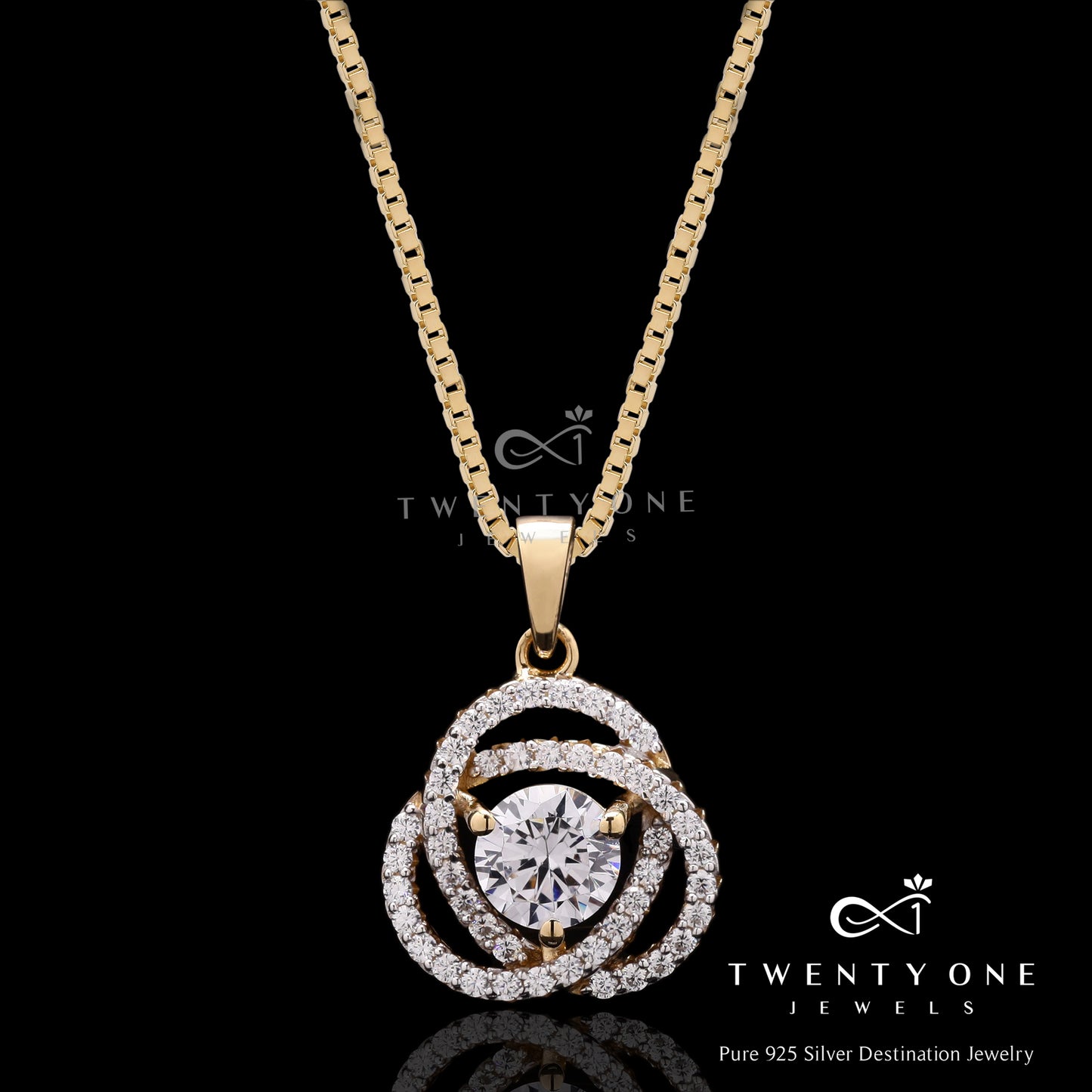 18k Gold Finish Fauzia Pendant with 50 cents Center Solitaire on Pure 925 Silver