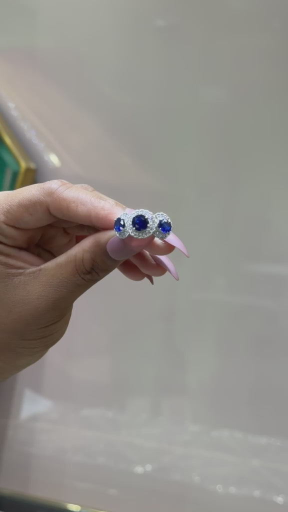 Load and play video in Gallery viewer, Blue Sapphire Diamond Studded Tri Solitaire Saba Ring On 925 Silver
