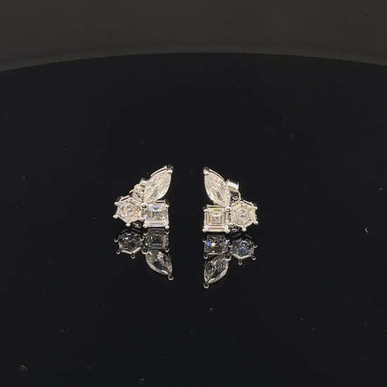 Load and play video in Gallery viewer, Premium  Petite Tri Solitaire Vienna Studs on Pure 925 Silver
