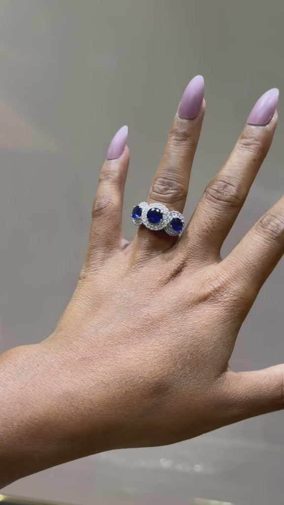 Load and play video in Gallery viewer, Blue Sapphire Diamond Studded Tri Solitaire Saba Ring On 925 Silver
