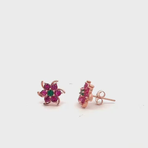 Load and play video in Gallery viewer, Pure 925 Silver 6 Petal Floral Ruby Rose Gold Studs with Centre Emerald
