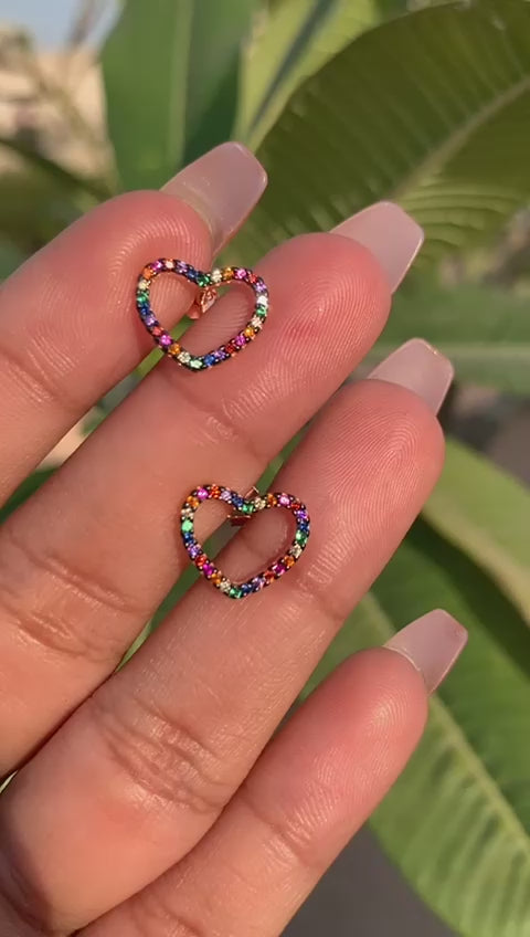 Load and play video in Gallery viewer, Valentines Exclusive Rainbow Rose Gold Ziya Heart Studs on Pure 925 Silver.
