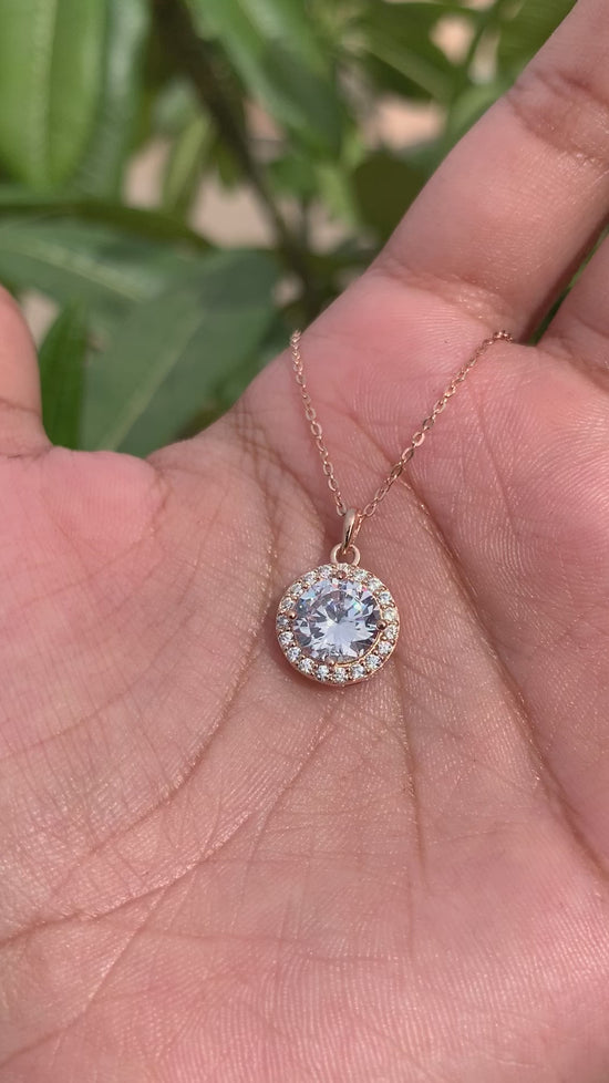 Load and play video in Gallery viewer, Rose Gold 2 Carat Round Cut Solitaire Adeline Pendant with Chain on Pure 925 Silver
