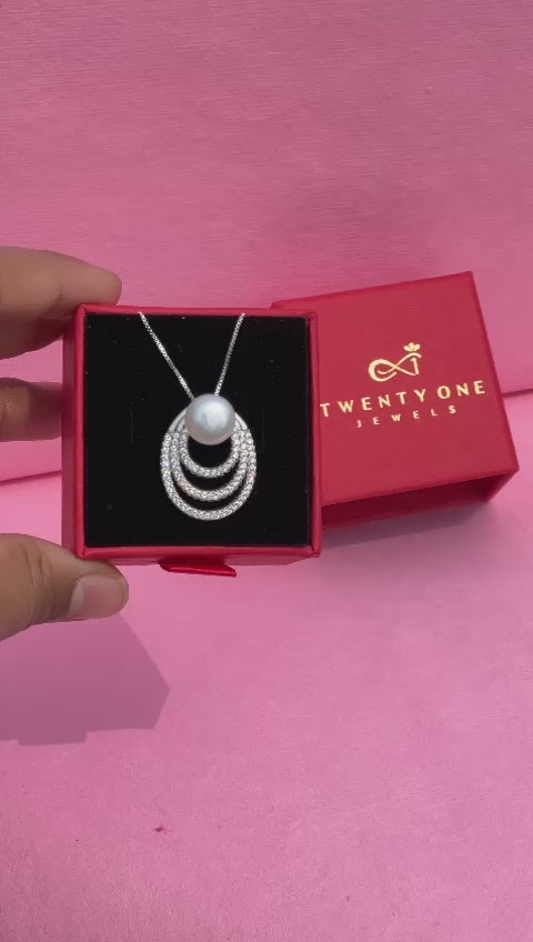 Layered Diamond Studded Fiona Fresh Water Pearl Pendant with Chain