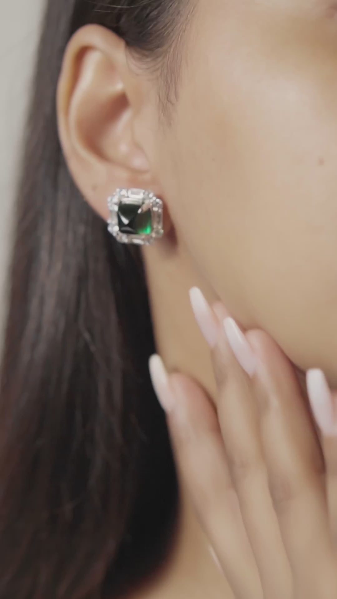 Load and play video in Gallery viewer, Premium Green Emerald Cabochon Shukra Statement Stud Earrings with Premium Screw Backs on Pure 925 Silver
