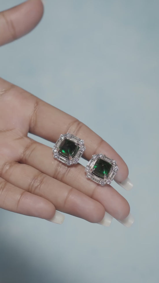 Load and play video in Gallery viewer, Premium Green Emerald Cabochon Shukra Statement Stud Earrings with Premium Screw Backs on Pure 925 Silver
