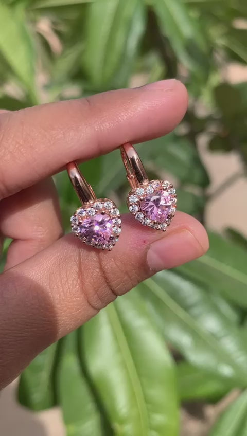 Load and play video in Gallery viewer, Valentines Exclusive Queenie Pink Heart Solitaire with Diamond Border Rose Gold Huggie Style Earrings on Pure 925 Silver
