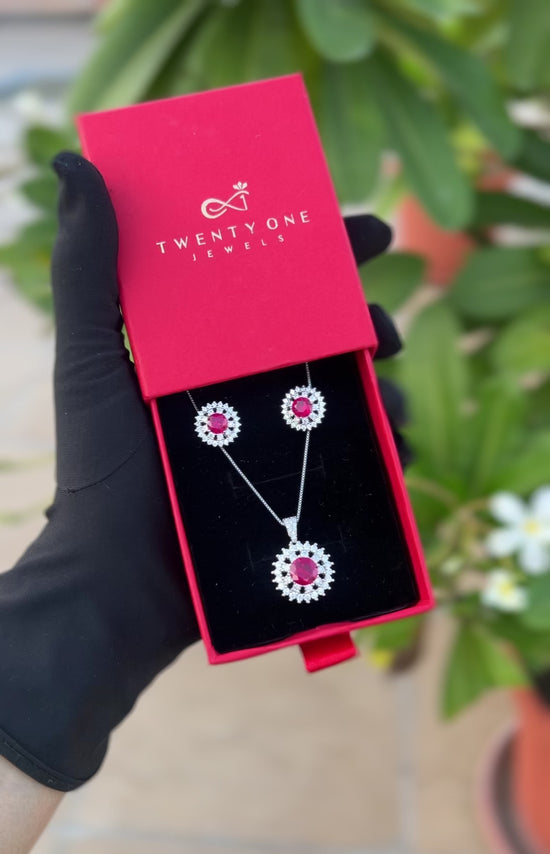 Load and play video in Gallery viewer, Ruby And Diamond Studded Sun Floral Pendant Set On Pure 925 Silver
