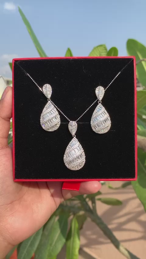 Drop Shape Diamond Baguette Benzy Pendant Set on Pure 925 Silver