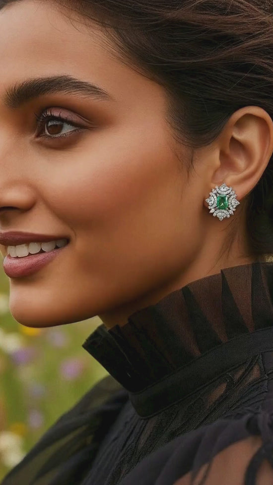 Load and play video in Gallery viewer, Premium Green Emerald Designer Maharani Earrings with Premium Screw Backs on Pure 925 Silver
