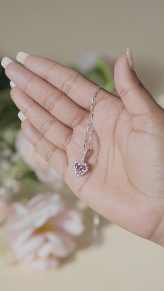 Load and play video in Gallery viewer, 1.5 Carat Pink Heart Solitaire Missy Pendant with Chain on Pure 925 Silver.
