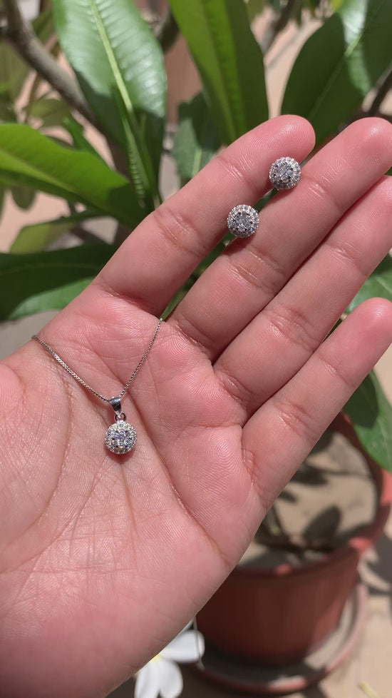 Load and play video in Gallery viewer, Mini Halo American Diamond Pendant Set on Pure 925 Silver
