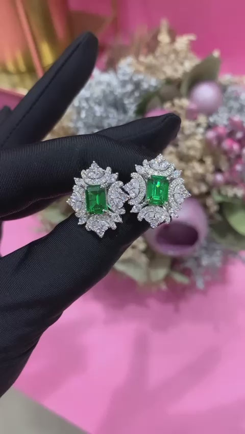 Load and play video in Gallery viewer, Premium Green Emerald Designer Maharani Earrings with Premium Screw Backs on Pure 925 Silver
