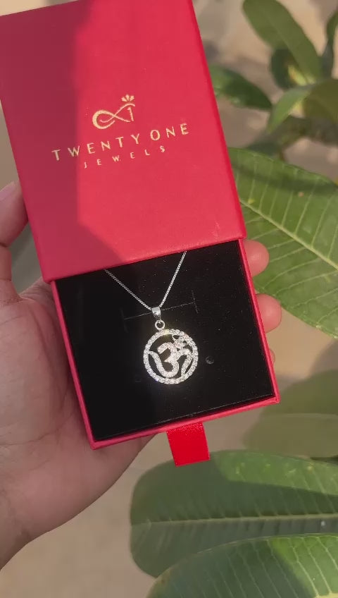 Load and play video in Gallery viewer, Om Pendant and Chain with Diamond Border on Pure 925 Silver
