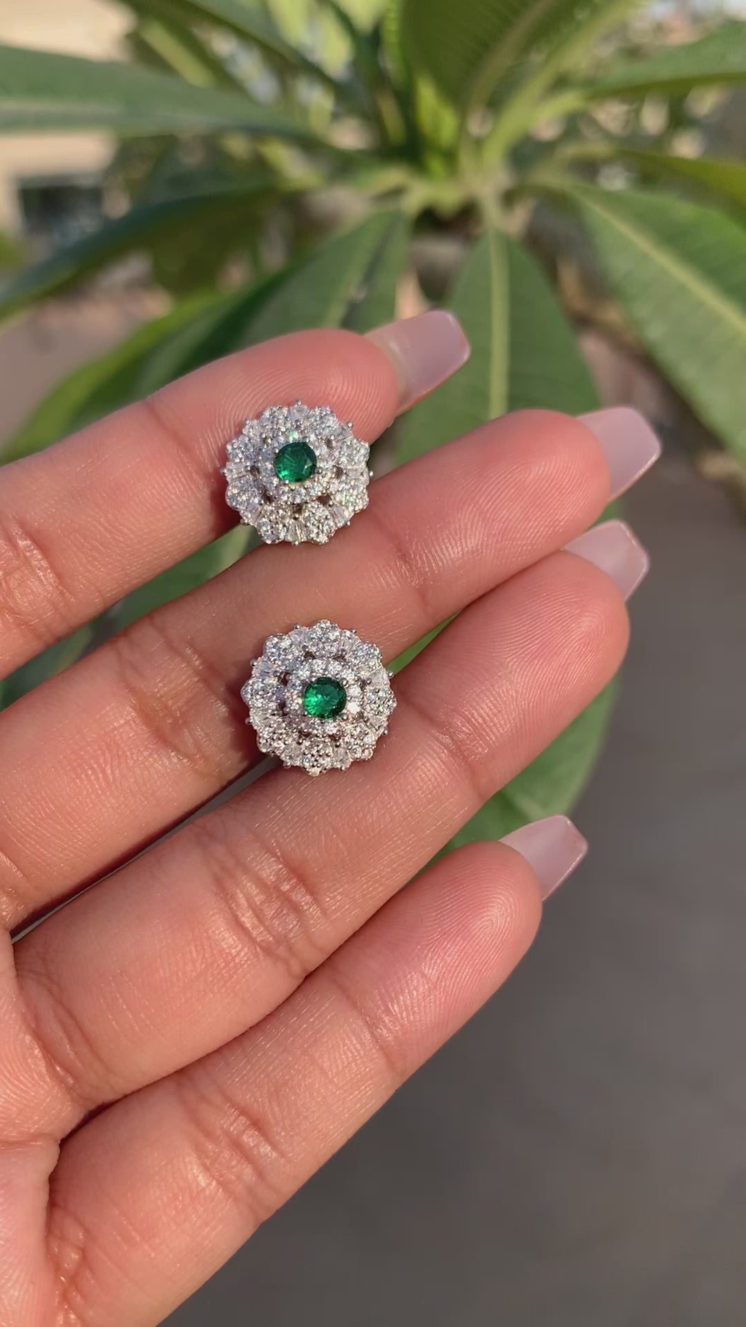 American Diamond with Baguette Blaire Green Emerald Studs on Pure 925 Silver