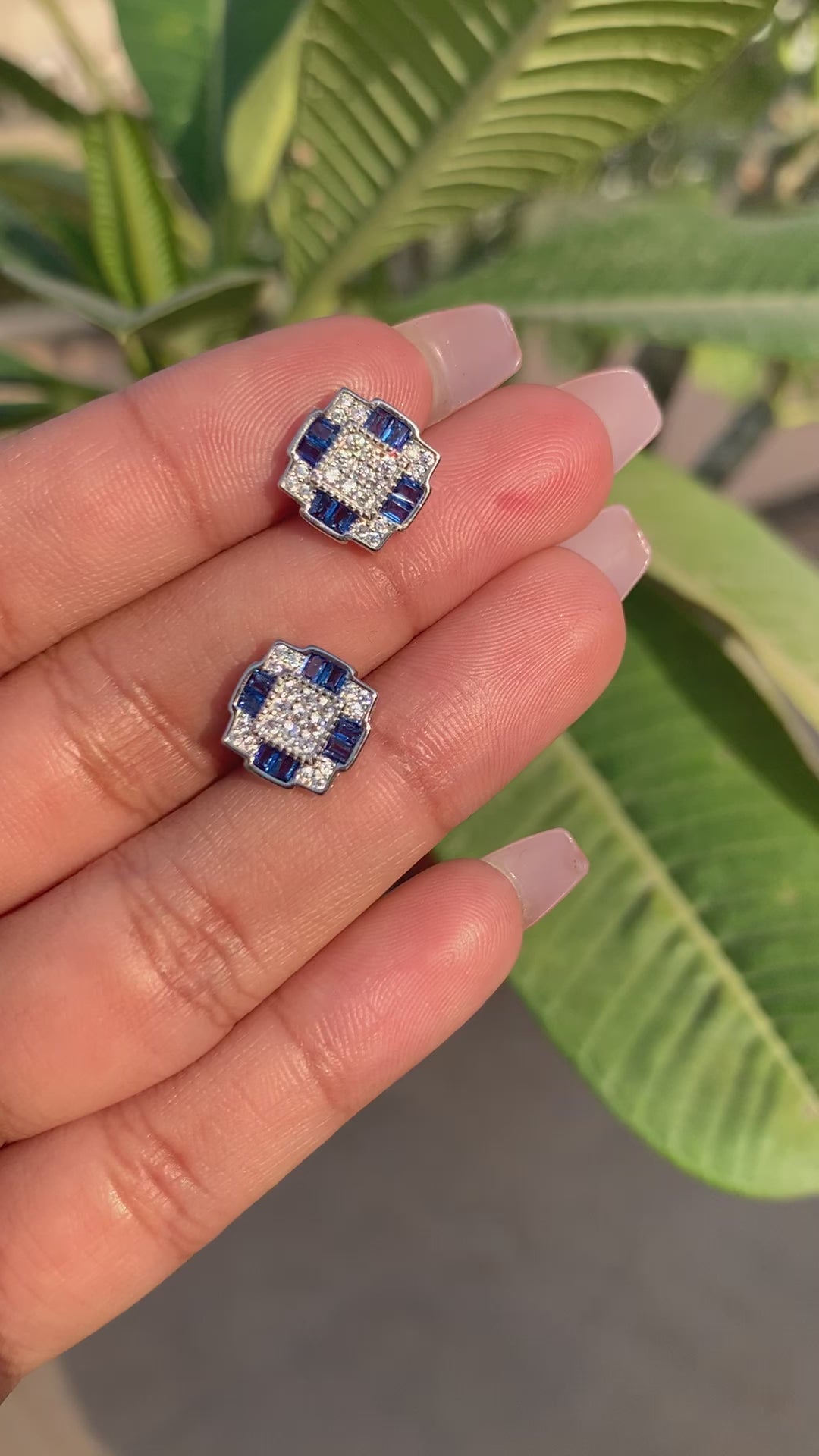 American Diamond studded Blue Sapphire Lyra Stud on Pure 925 Silver.